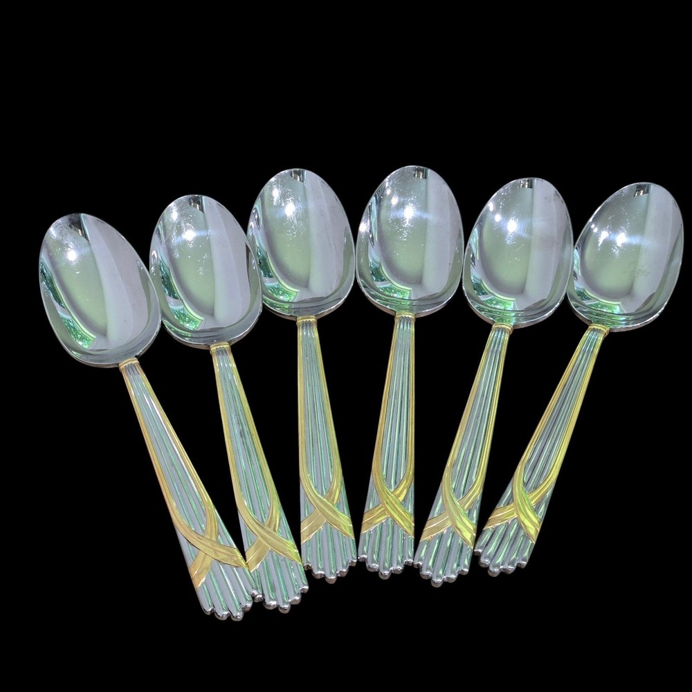 Yamazaki Fortuny Gold Accent Stainless Place Table Spoons Set of 6 Japan 7.5"